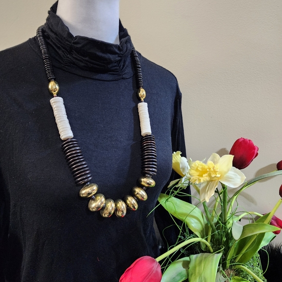 Jewelry - Vintage Boho Black, Cream and Gold Toned Beaded Statement Necklace